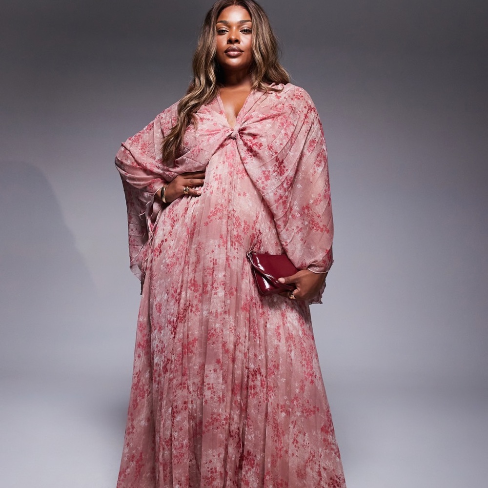 ASOS DESIGN Curve pleated chiffon twist front maxi dress in pink floral size 18